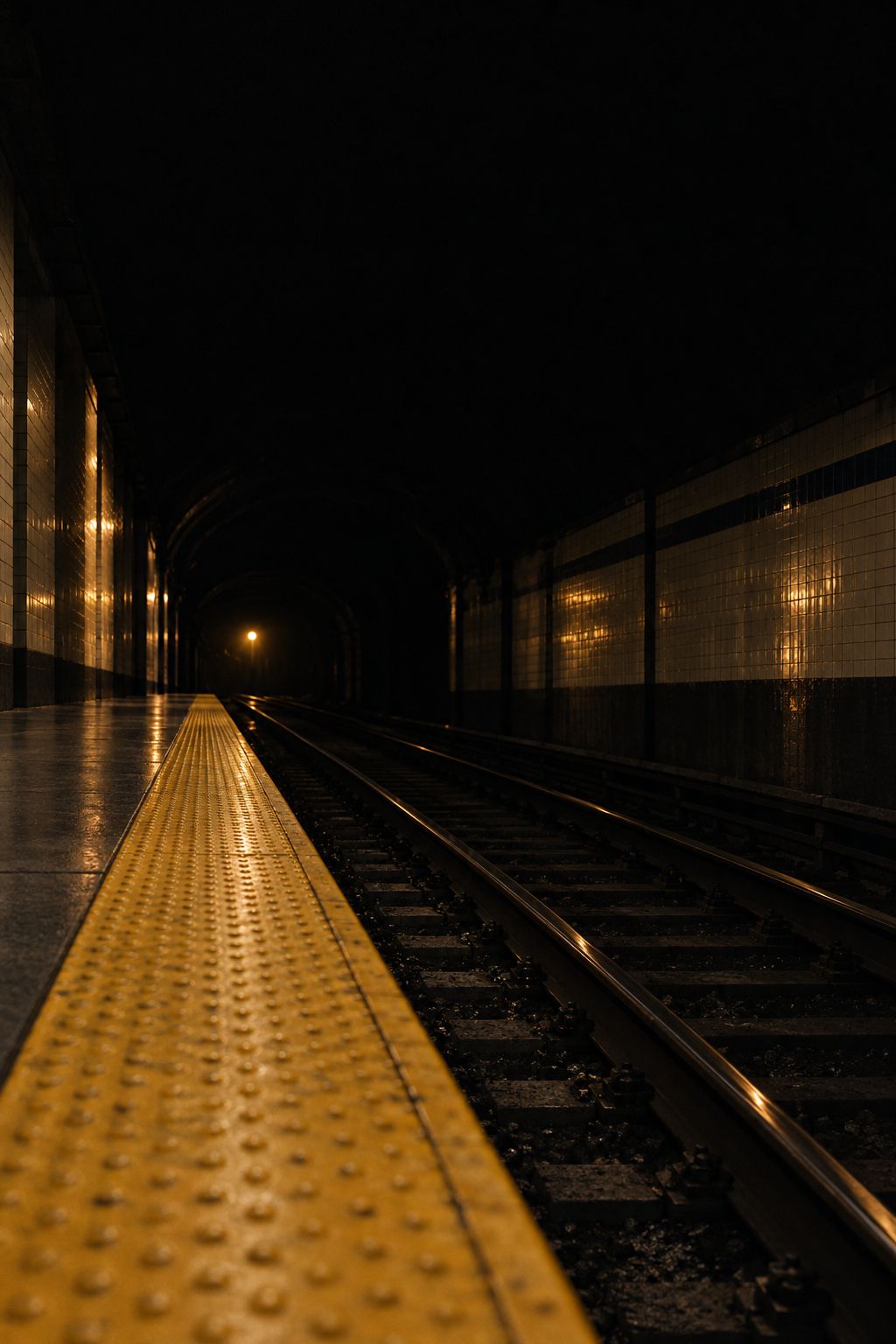 An empty subway platform at night, its yellow edge strip running toward a single tunnel light